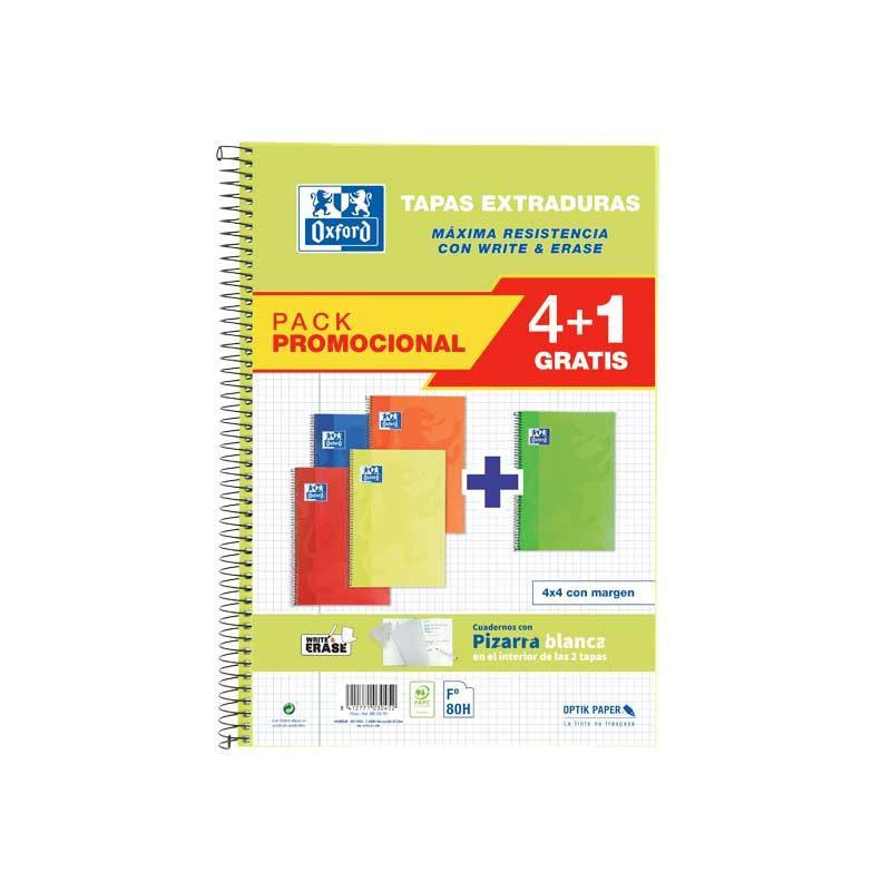 PACK 4+1 CUADERNOS OXFORD "CLASSIC: WRITE&ERASE" Fº 80h COLORES VIVOS