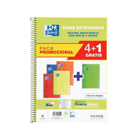 PACK 4+1 CUADERNOS OXFORD "CLASSIC: WRITE&ERASE" Fº 80h COLORES VIVOS