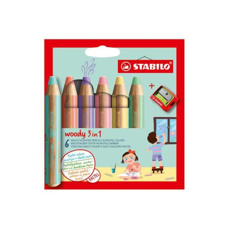 ESTUCHE 6 LÁPICES DE COLOR STABILO® WOODY 3 EN 1 PASTEL + SACAPUNTAS