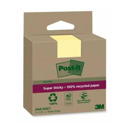 CAJA 3 BLOCS NOTAS POST-IT SUPER STICKY 76x76mm RECICLADAS