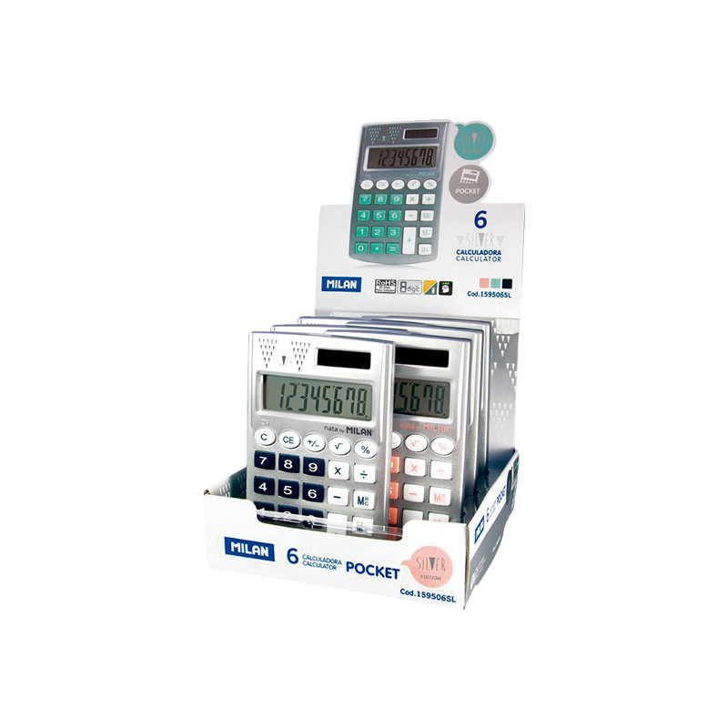 EXPOSITOR 6 CALCULADORAS MILAN POCKET SILVER