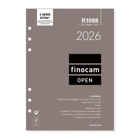 RECAMBIO ANUALIDAD 2026 FINOCAM "OPEN: R1098" DÍA PÁGINA CASTELLANO