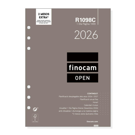RECAMBIO ANUALIDAD 2026 FINOCAM "OPEN: R1098" DÍA PÁGINA CATALÁN