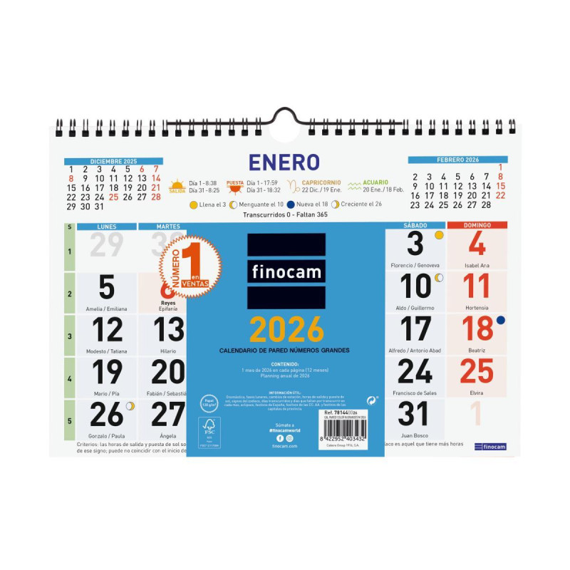 CALENDARIO DE PARED 2026 FINOCAM "COLOR: Nº GRANDES M" CASTELLANO CALENDARIO DE PARED 2026 FINOCAM "COLOR: Nº GRANDES M" CASTELLANO