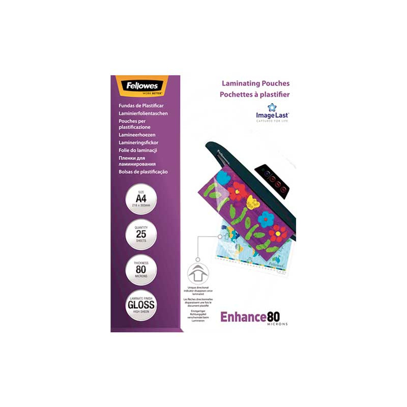 PACK 25 FUNDAS BRILLO FELLOWES PARA PLASTIFICAR A4 80 MICRAS PACK 25 FUNDAS BRILLO FELLOWES PARA PLASTIFICAR A4 80 MICRAS