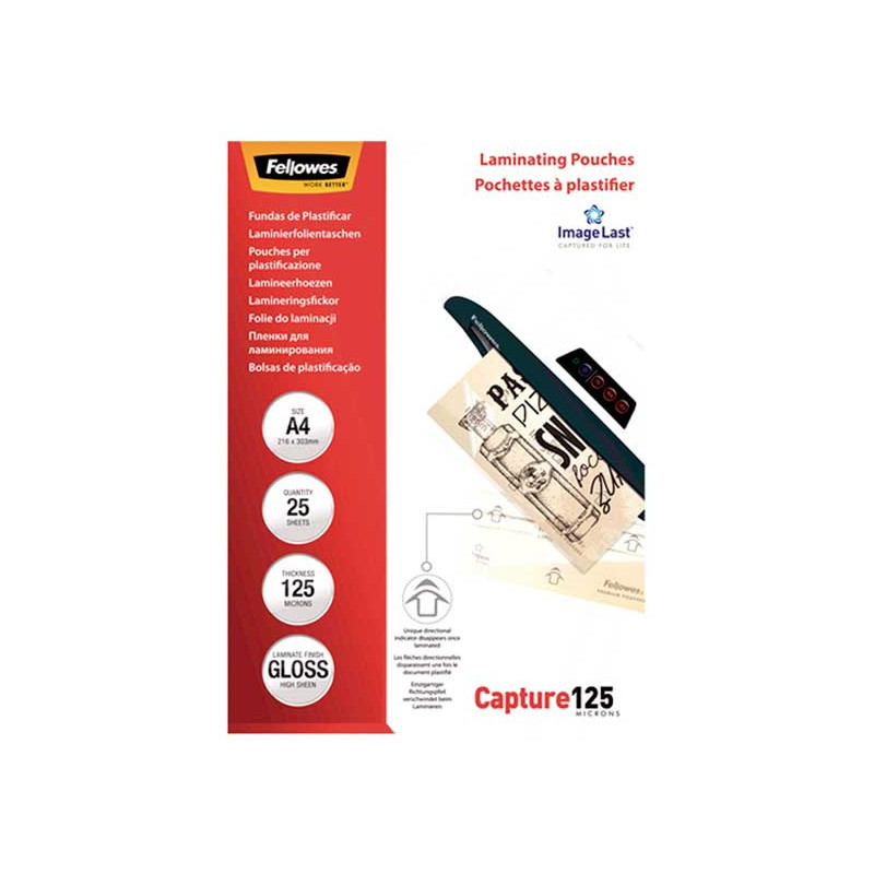 PACK 25 FUNDAS BRILLO FELLOWES PARA PLASTIFICAR A4 125 MICRAS PACK 25 FUNDAS BRILLO FELLOWES PARA PLASTIFICAR A4 125 MICRAS