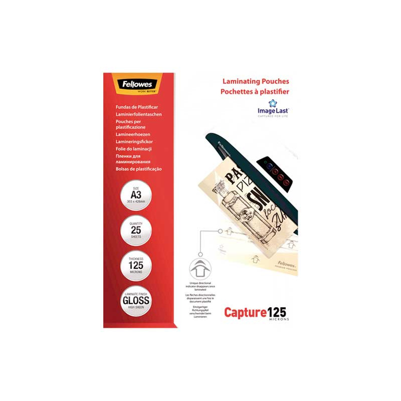PACK 25 FUNDAS BRILLO FELLOWES PARA PLASTIFICAR A3 125 MICRAS PACK 25 FUNDAS BRILLO FELLOWES PARA PLASTIFICAR A3 125 MICRAS