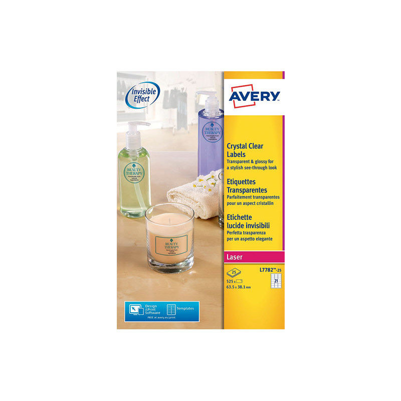 CAJA 25h ETIQUETAS AVERY GLOSSY INVISIBLE 63,5 x 38,1mm
