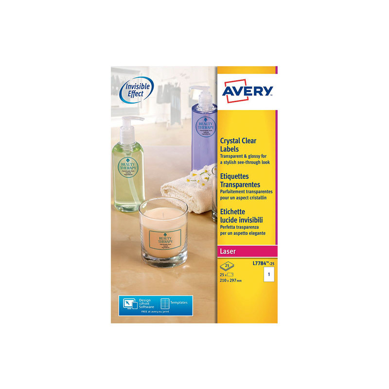 CAJA 25h ETIQUETAS AVERY GLOSSY INVISIBLE 210 x 297mm