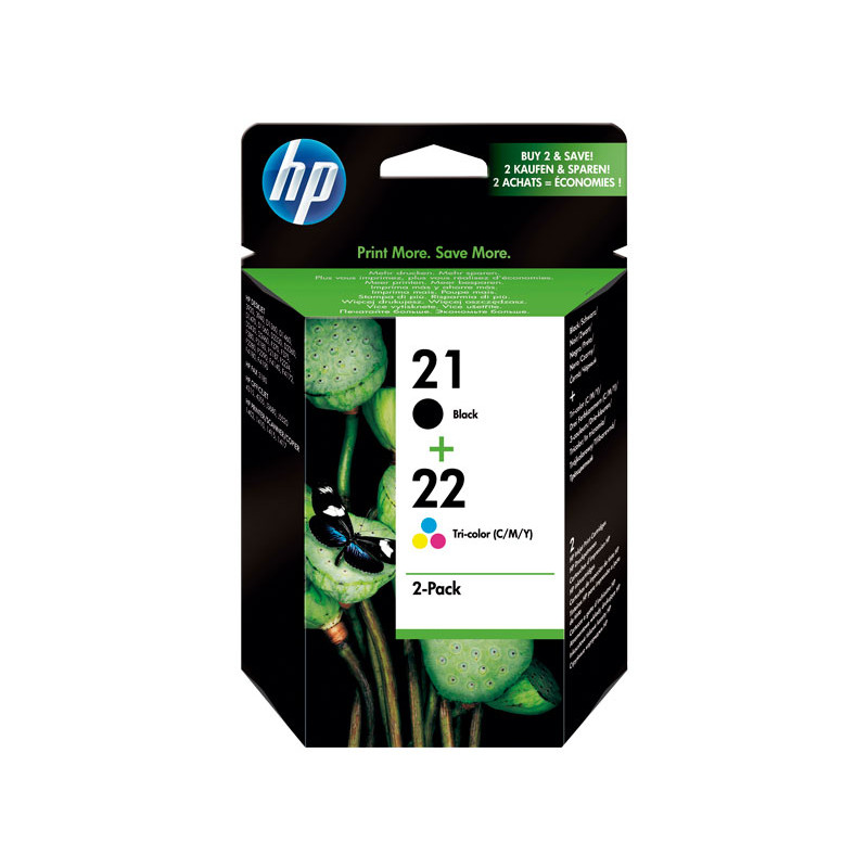 PACK DE AHORRO DE 2 CARTUCHOS DE TINTA ORIGINAL HP 21+22