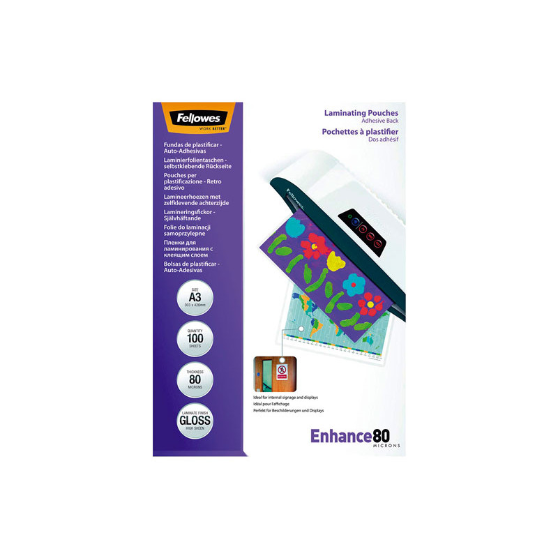 PACK 100 FUNDAS DE PLASTIFICAR FELLOWES ADHESIVAS 80 MICRAS A3