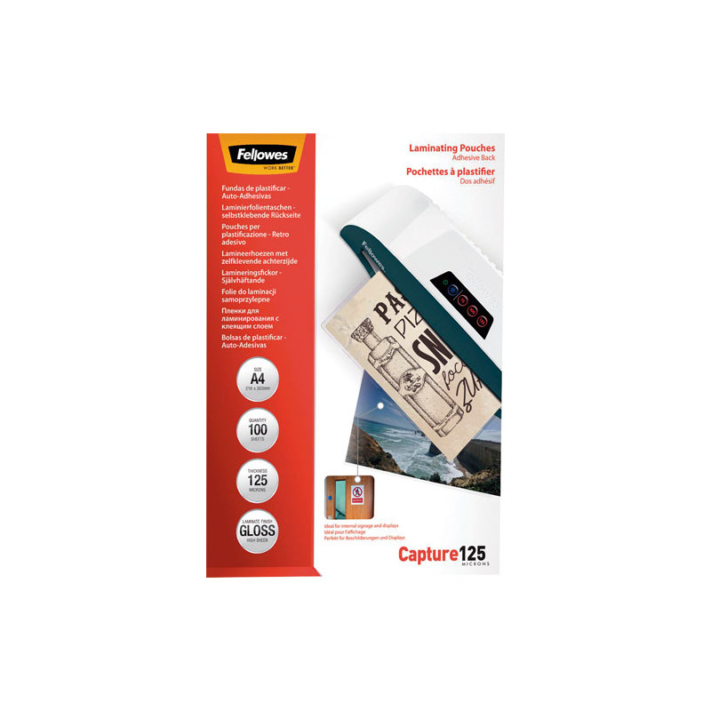 PACK 100 FUNDAS DE PLASTIFICAR FELLOWES ADHESIVAS 125 MICRAS A4 PACK 100 FUNDAS DE PLASTIFICAR FELLOWES ADHESIVAS 125 MICRAS A4