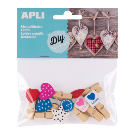 BOLSA 8 MINI PINZAS APLI DE MADERA CON FORMAS