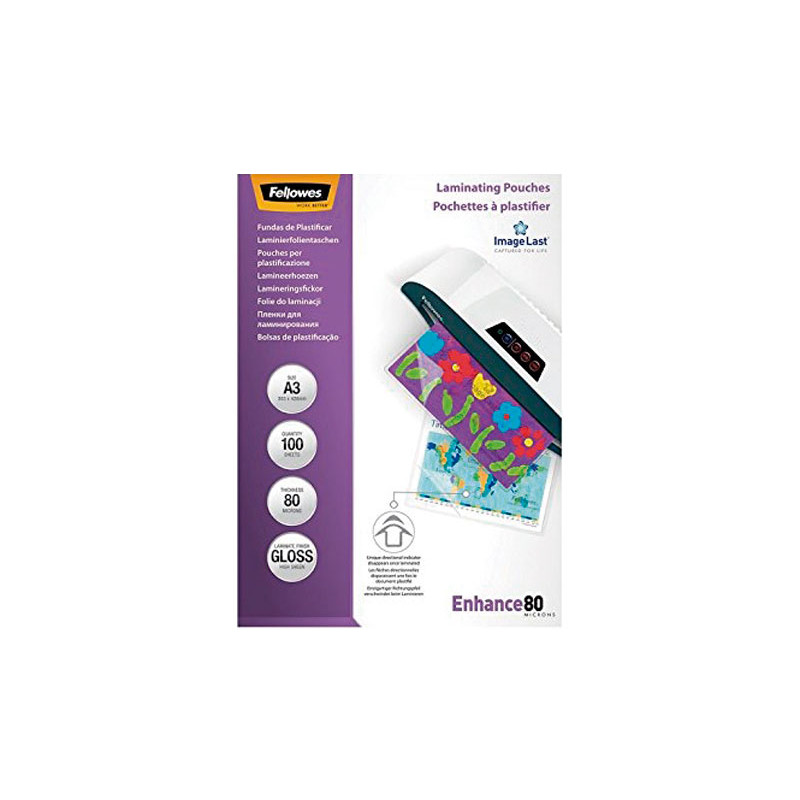 PACK 100 FUNDAS DE PLASTIFICAR FELLOWES BRILLO A3 80 MICRAS