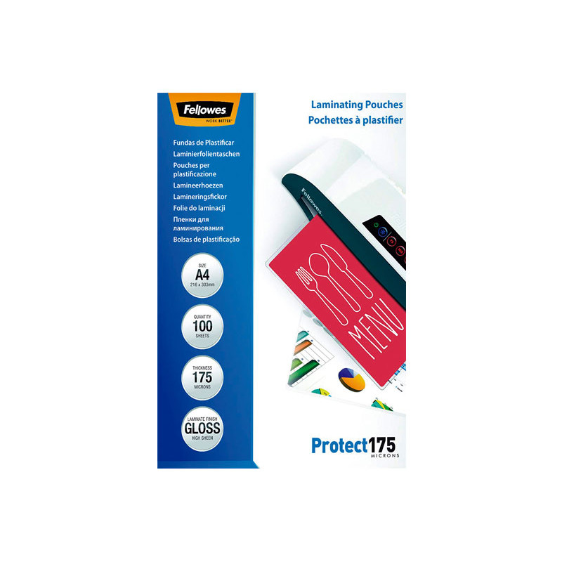 PACK 100 FUNDAS DE PLASTIFICAR FELLOWES BRILLO A4 175 MICRAS