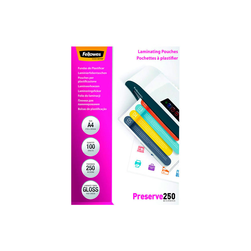 PACK 100 FUNDAS DE PLASTIFICAR FELLOWES BRILLO A4 250 MICRAS