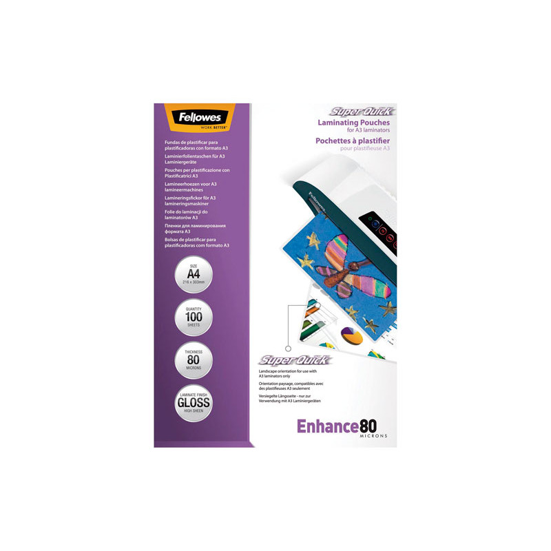 PACK 100 FUNDAS DE PLASTIFICAR FELLOWES ALTA VELOCIDAD A4 80 MICRAS