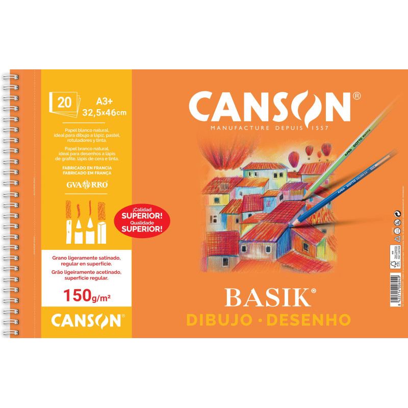 BLOC 20h CANSON DE DIBUJO BASIK 150gr A3+ MICROPERFORADO LISO