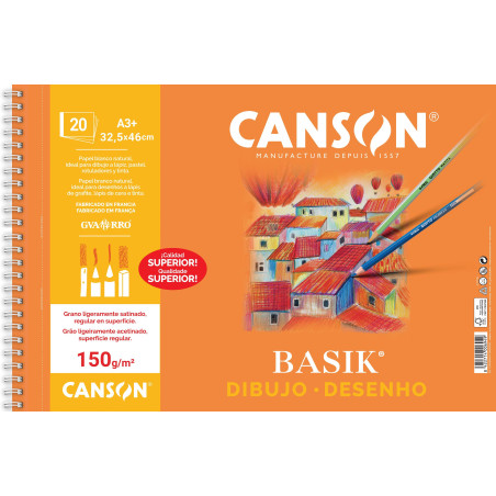 BLOC 20h CANSON DE DIBUJO BASIK 150gr A3+ MICROPERFORADO LISO