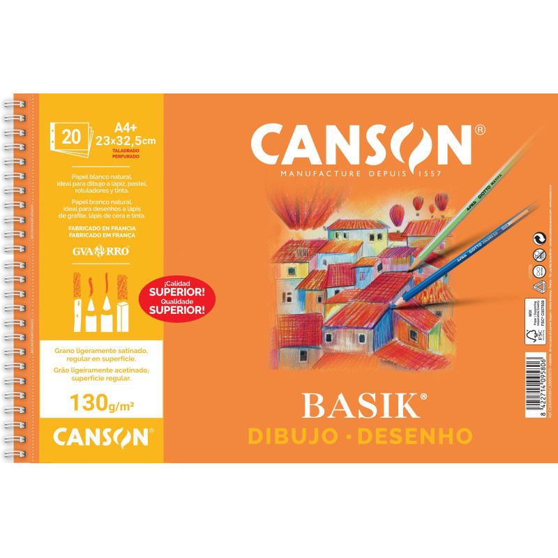 BLOC 20h CANSON DE DIBUJO BASIK 130gr A4+ MICROPERFORADO CON TALADROS
