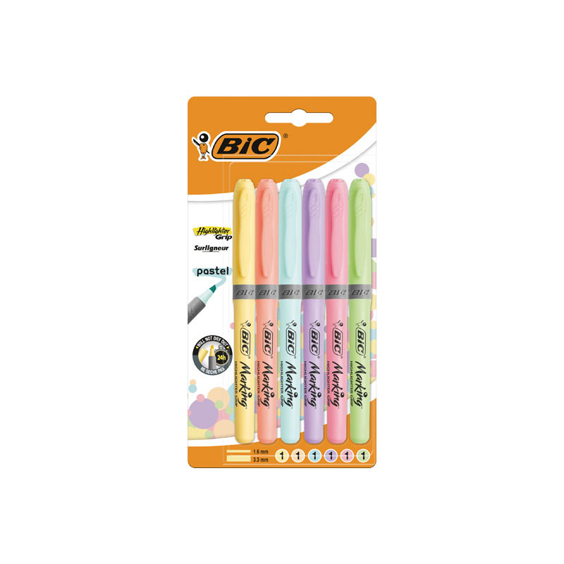 BLÍSTER 6 MARCADORES FLUORESCENTES BIC HIGHLIGHTER GRIP PASTEL