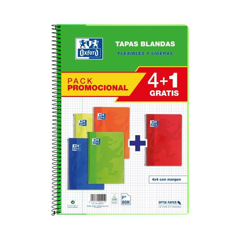 PACK 4+1 CUADERNOS OXFORD "CLASSIC" Fº 80h TAPAS BLANDAS COLORES VIVOS