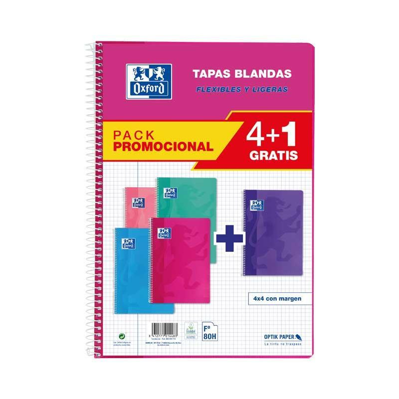 PACK 4+1 CUADERNOS OXFORD "CLASSIC" Fº 80h TAPAS BLANDAS COLORES TENDENCIA