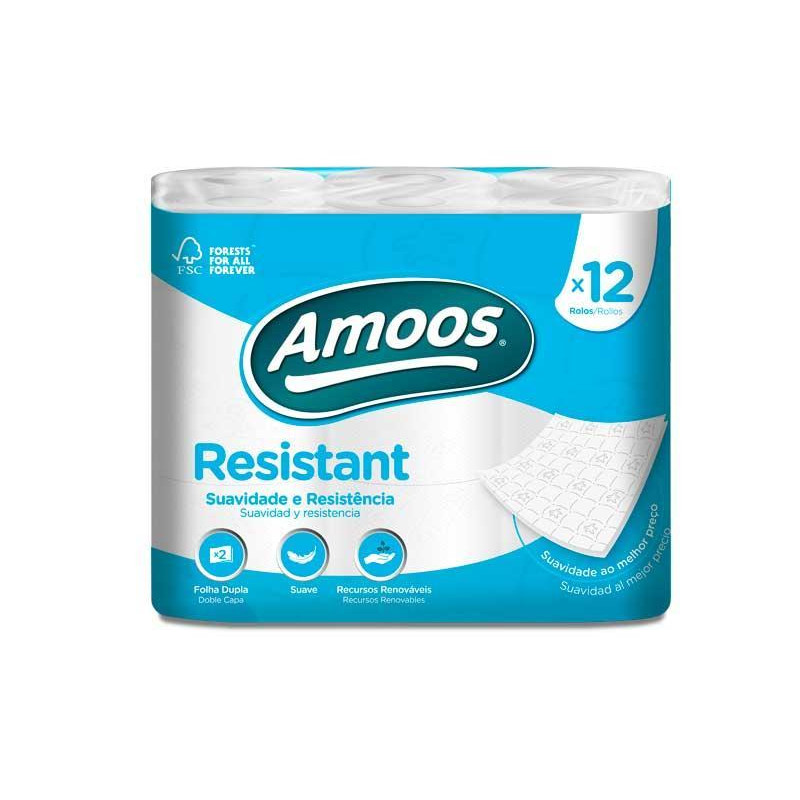 PACK 12 ROLLOS PAPEL HIGIÉNICO AMOOS RESISTANT 13m