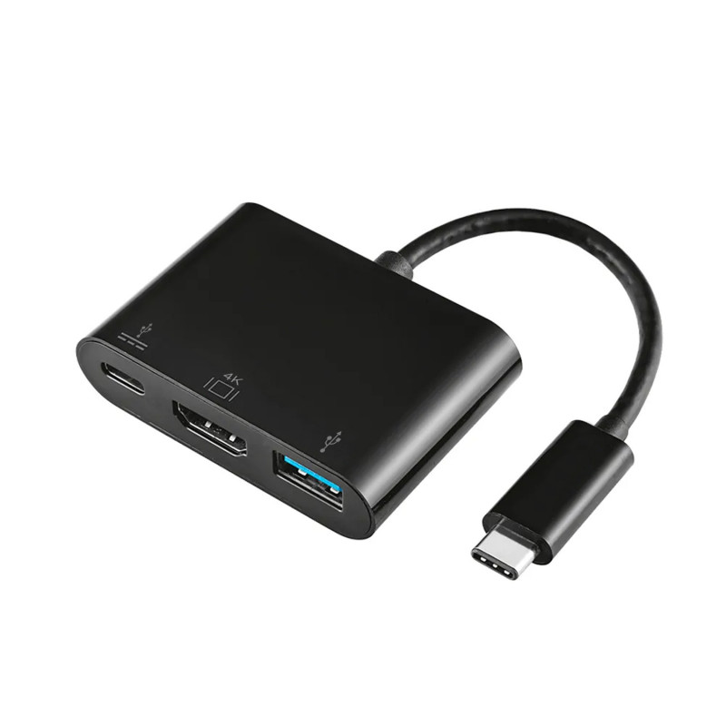 CONVERSOR USB C A HDMI/USB-C/TIPO A USB 3.0, 3 EN 1, NEGRO, 15CM