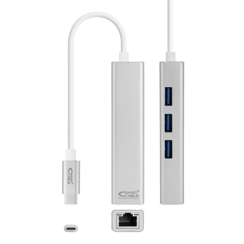 CONVERSOR USB-C A ETHERNET GIGABIT + 3XUSB 3.0, PLATA, 15 CM