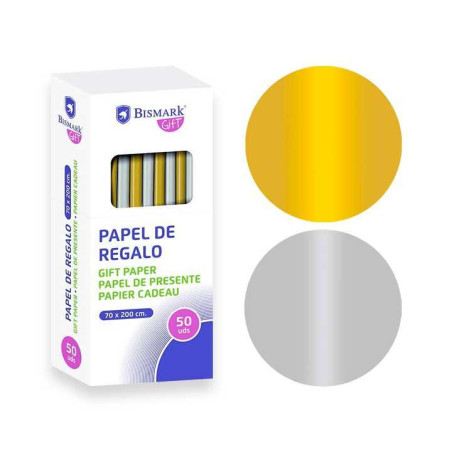 CAJA 50 ROLLOS PAPEL DE REGALO ORO/PLATA 2m