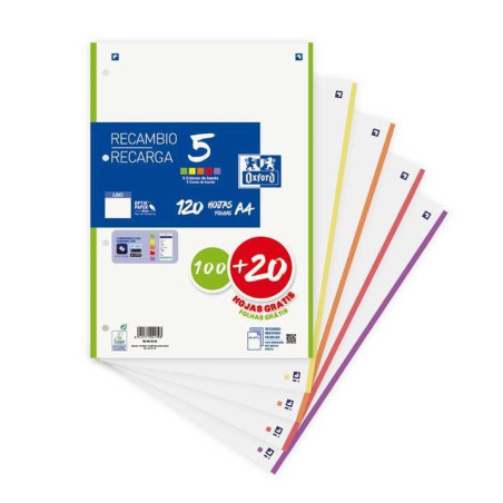 RECAMBIO OXFORD CLASSIC COLOR 5 A4 100h+20h LISO COLORES VIVOS
