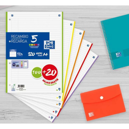 RECAMBIO OXFORD CLASSIC COLOR 5 A4 100h+20h HORIZONTAL COLORES VIVOS