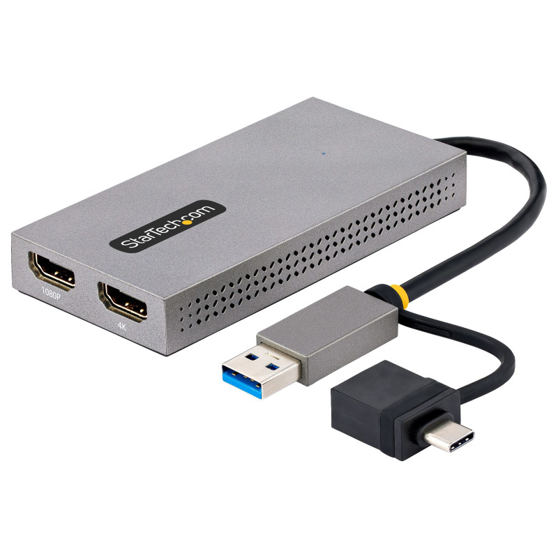ADAPTADOR DE USB A HDMI DOBLE, USB A/C A 2 PANTALLAS HDMI (1X 4K30HZ, 1X 1080P), DONGLE INTEGRADO USB-A A C, CABLE DE 11