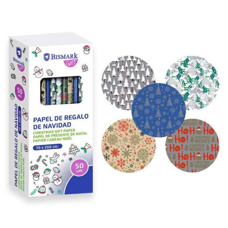 CAJA 50 ROLLOS PAPEL DE REGALO NAVIDAD CON ESTAMPADO ORO/PLATA 2m