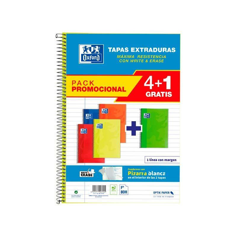 PACK 4+1 CUADERNOS OXFORD "CLASSIC: WRITE&ERASE" Fº 80h HORIZONTAL COLORES VIVOS