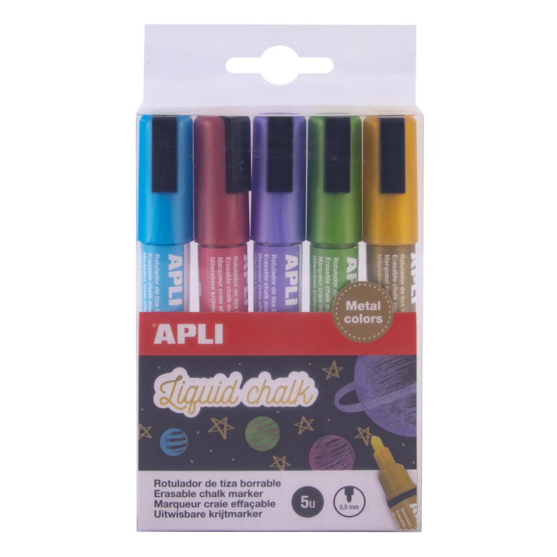 ESTUCHE 5 ROTULADORES APLI LIQUID CHALK PUNTA CÓNICA "METAL"