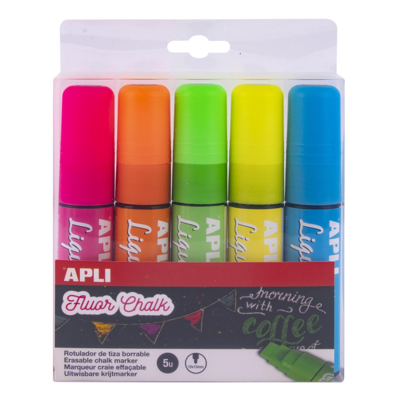 ESTUCHE 5 ROTULADORES APLI LIQUID CHALK PUNTA BISELADA "FLÚOR" ESTUCHE 5 ROTULADORES APLI LIQUID CHALK PUNTA BISELADA "FLÚOR"