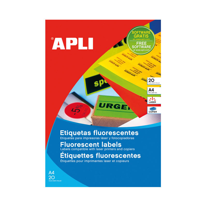 PACK 20h ETIQUETAS APLI FLUORESCENTES CANTOS RECTOS