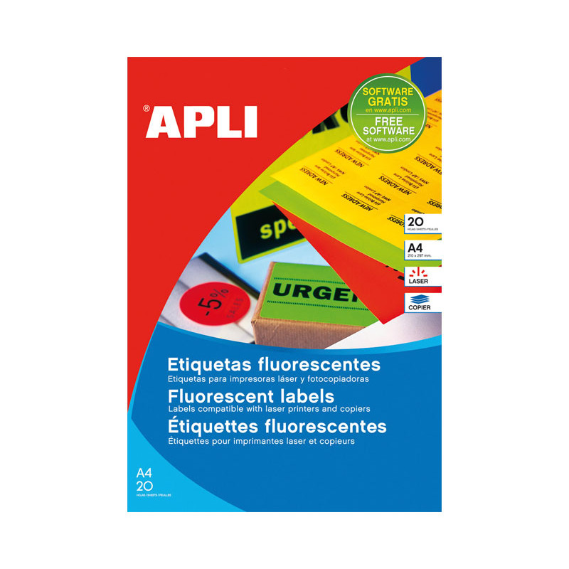 PACK 20h ETIQUETAS APLI FLUORESCENTES CANTOS RECTOS