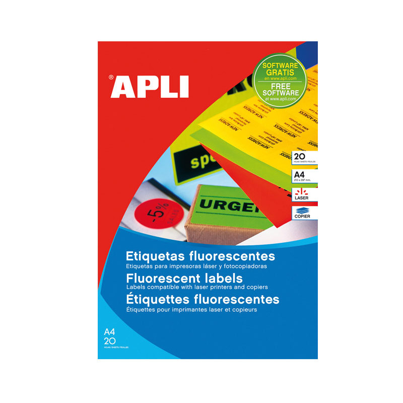 CAJA 20h ETIQUETAS APLI FLUORESCENTES 64x33,9mm CAJA 20h ETIQUETAS APLI FLUORESCENTES 64x33,9mm