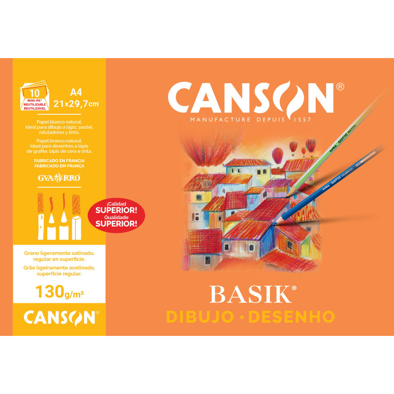 MINIPACK 10h LÁMINAS CANSON DE DIBUJO BASIK 130gr A4