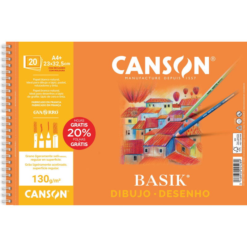 BLOC 20h CANSON DE DIBUJO BASIK 130gr A4+  MICROPERFORADO CON RECUADRO