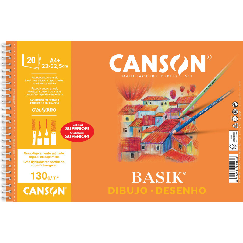 BLOC 20h CANSON DE DIBUJO BASIK 130gr A4+ MICROPERFORADO LISO