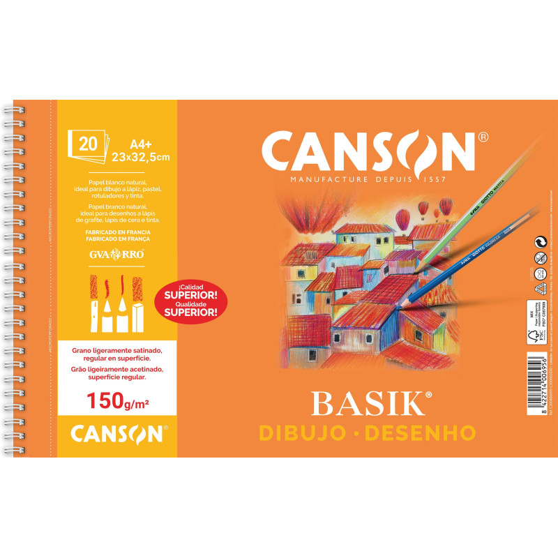 BLOC 20h CANSON DE DIBUJO BASIK 150gr A4+ MICROPERFORADO LISO