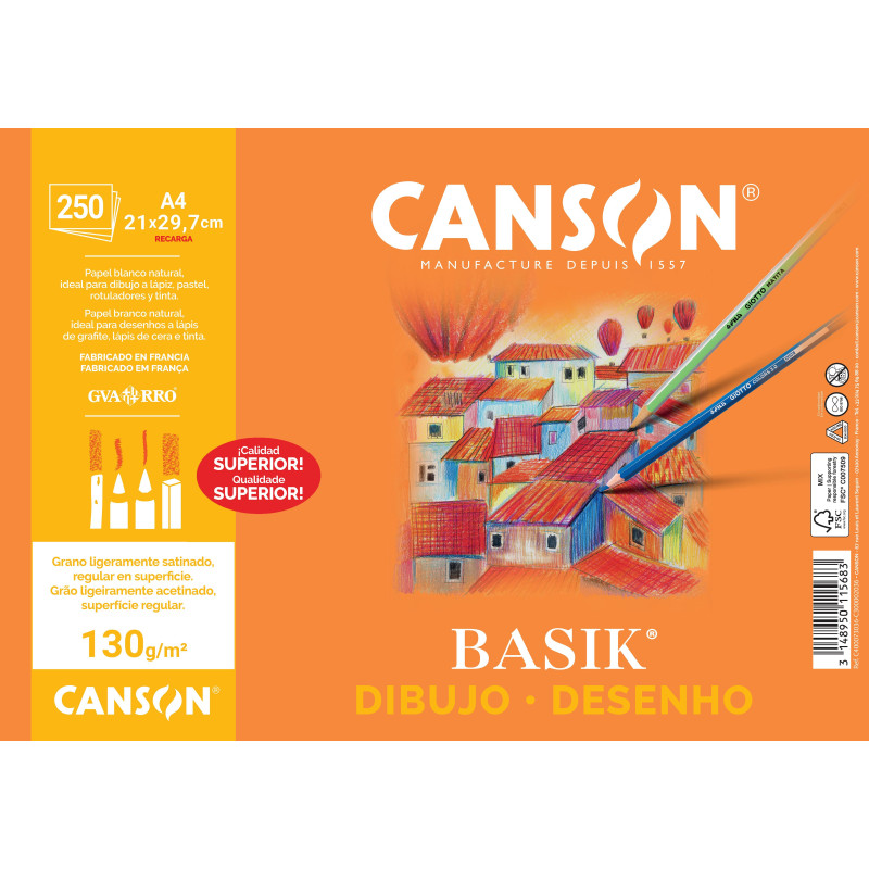 PACK RETRACTILADO 250 LAMINAS CANSON BASIK LISO A4 130gr