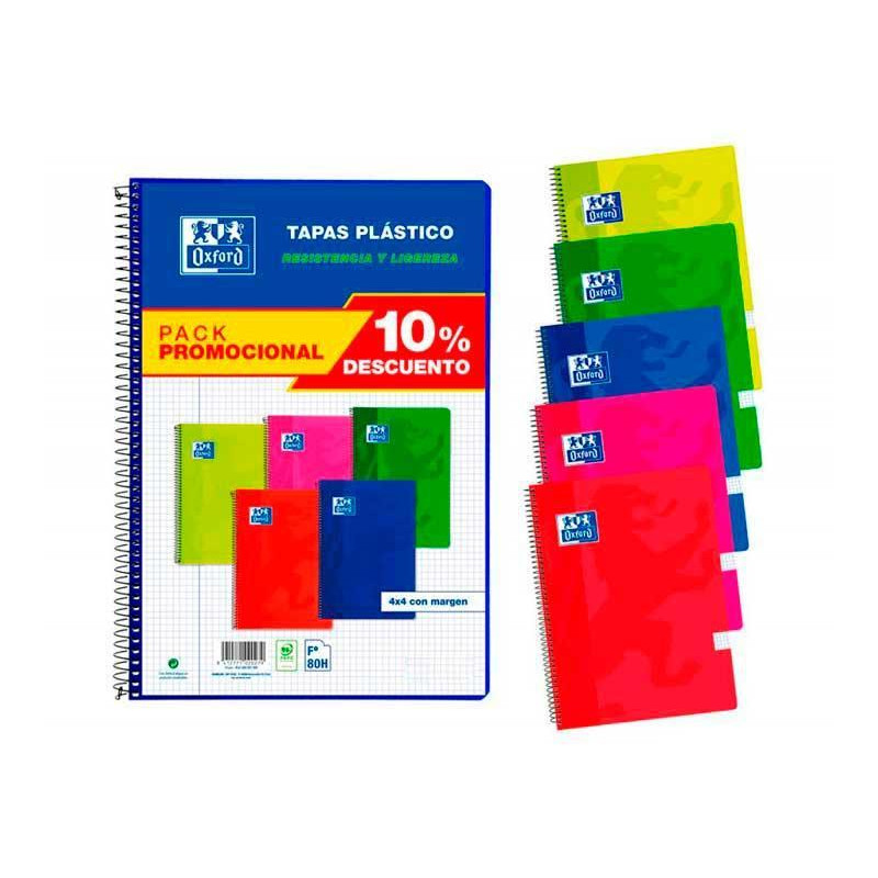 PACK 5 CUADERNOS OXFORD "CLASSIC" Fº TAPAS PLÁSTICO COLORES VIVOS