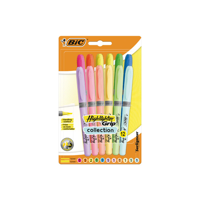 BLÍSTER 12 MARCADORES FLUORESCENTES BIC HIGHLIGHTER GRIP PASTEL+NEÓN
