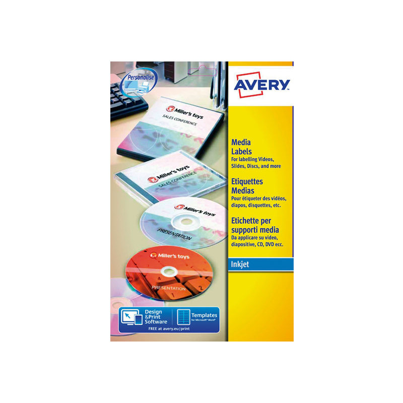 CAJA 25h ETIQUETAS AVERY PARA CD INKJET/LÁSER Ø117 mm CAJA 25h ETIQUETAS AVERY PARA CD INKJET/LÁSER Ø117 mm