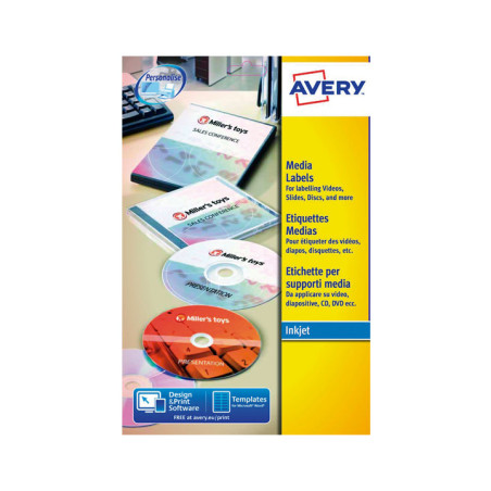 CAJA 25h ETIQUETAS AVERY PARA CD INKJET/LÁSER Ø117 mm